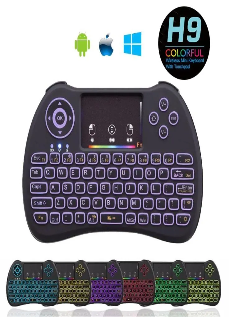 Rainbow rétro-éclairé Mini H9 Remote sans fil COMMANDE 24 GHz Air Air Mouse Backlight Qwerty clavier pavé tactile pour mini PC Android TV Box8563213