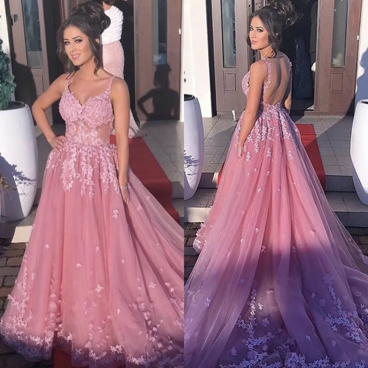 2024 Lace Prom Dresses Long Spaghetti Straps Sheer Illusion Bodice Backless Evening Gowns Celebrity Formal Party Dress