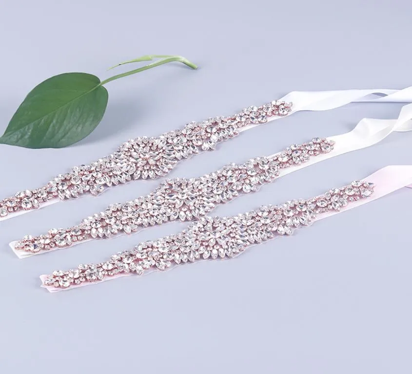 Handgemaakte roségouden strass Appliques Wedding Belt Clear Crystal Sewing On Bruidal Sashes Wedding Jurken Sashes Bridal Accessor1604462