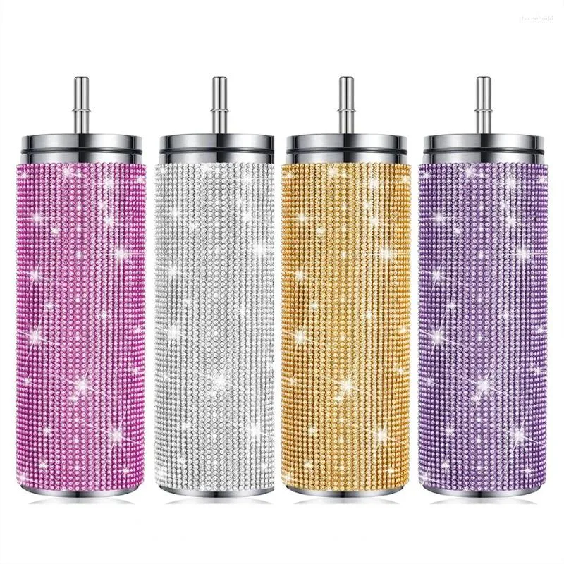 Tumblers 1pc 570ml Shiny Diamond Tumbler Insulated Cup With Straw Juice Drinkwar Bottle Stainless Steel Thermal Flask Party Gift For Girl