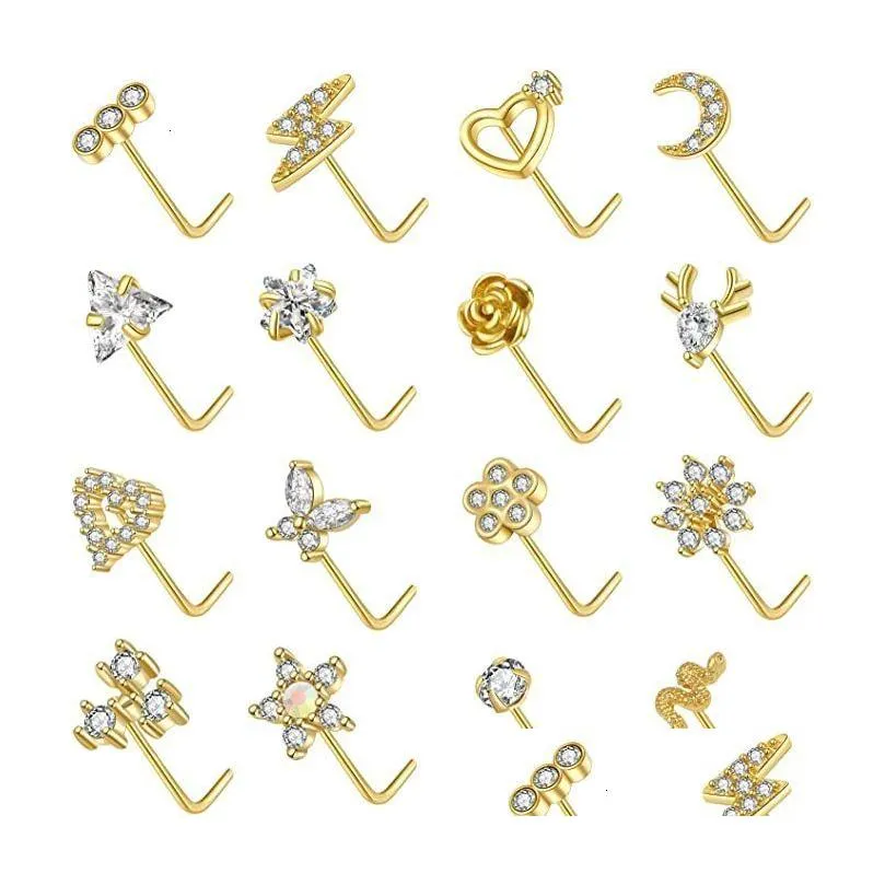 Nose Rings & Studs L Shape Ring Gold Sier Screw S Pin Cz Butterfly Heart Moon Flower Piercing Jewelry For Women Men 230325 Drop Deliv Dh5Wl