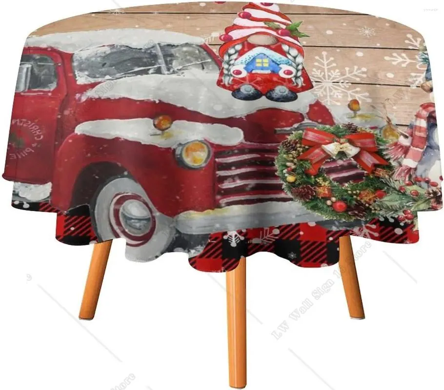 Table Cloth Merry Christmas Gnomes Round Tablecloths 60 Inch Xmas Tree Red Truck Snowflake Plaid Snowman For Dinning Decoration