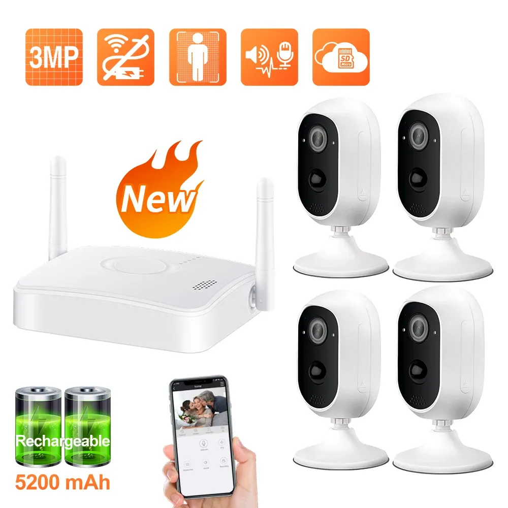 System Techage 4Ch Mini Wireless NVR Kit 3.0MP Batterie WiFi IP -Kamera System Home Security Video Überwachung Set Twoway Audio Kamera