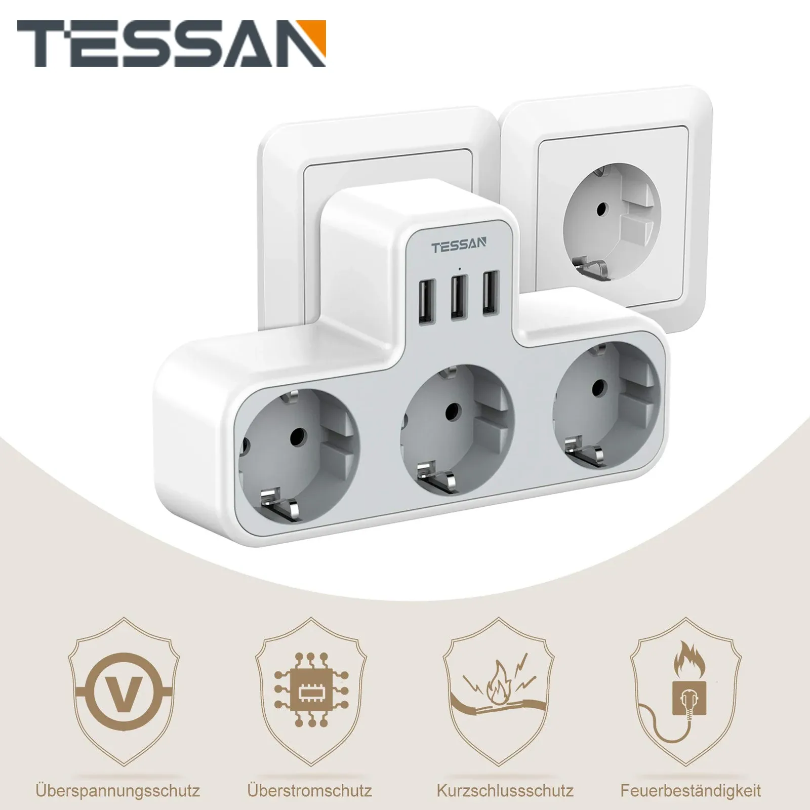 Sacs Tessan 3WAY PORTE avec protection contre la surtension USB, adaptateur de socket 6in1 avec 3 ports USB 5V / 2.4A pour smartphone, ordinateur portable, appareil photo
