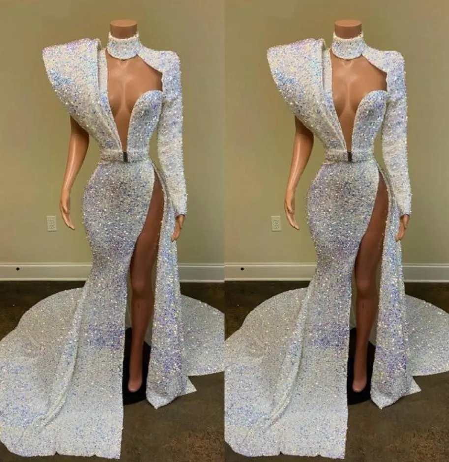 2021 Plus Size Arabic Aso Ebi Stylish Mermaid Sequined Prom Dresses High Split Sexig Evening Formal Party Second Reception Dr8253450