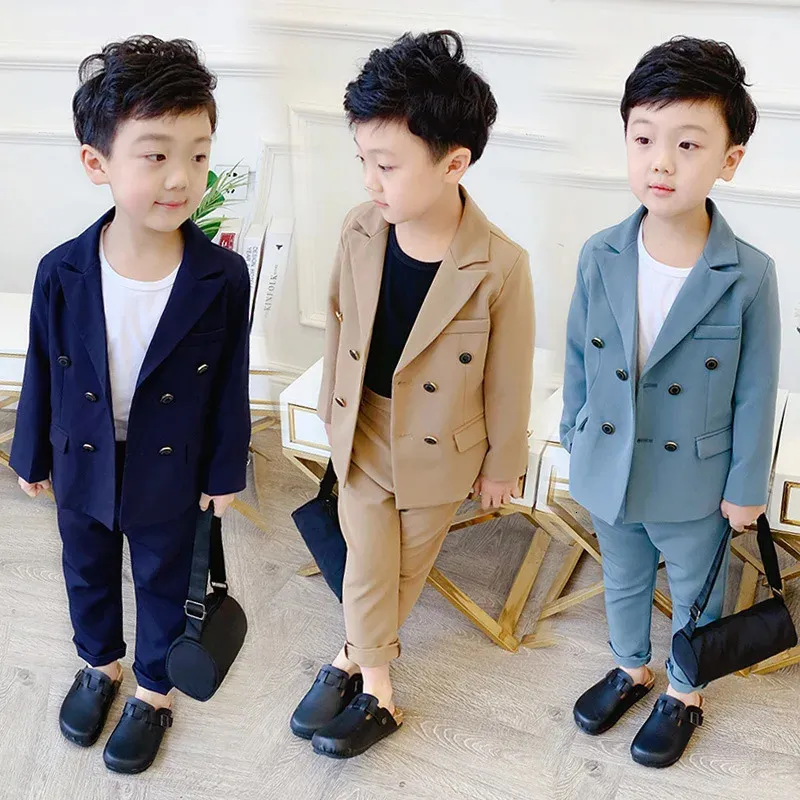 Spring Autumn Boys Doppelbruster Anzug Set Kinder Fashion Blazer Hosen 2pcs Outfit Kids Party Host Geburtstagskleid Kostüm 240328