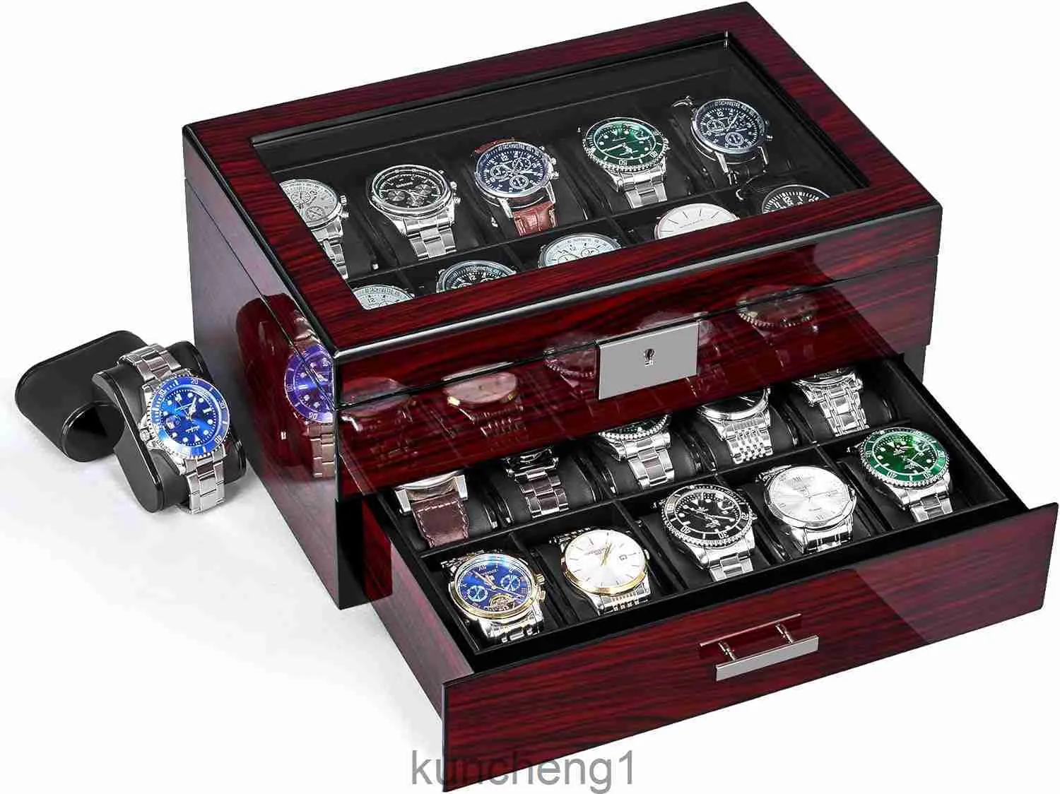 Anwbroad 20 slot horloge box Watch Case voor mannen met grote glazen deksel 2-laags horloge-display case sluitbare horloge-organisator Geschenkbare luxueuze horlogehouder ujwb002y
