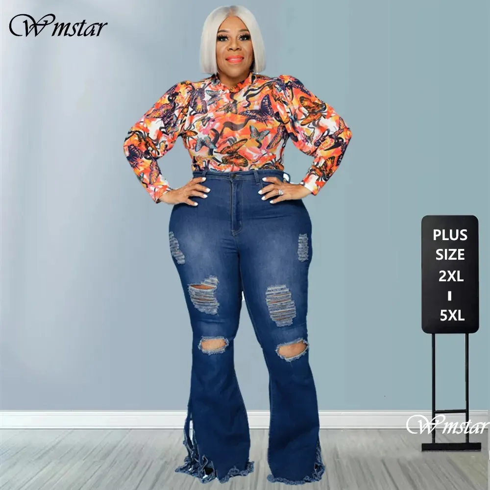 Jeans wmstar plus size donne bodycon tasche solide solide a vita alta pantaloni svasati pantaloni all'ingrosso 240320