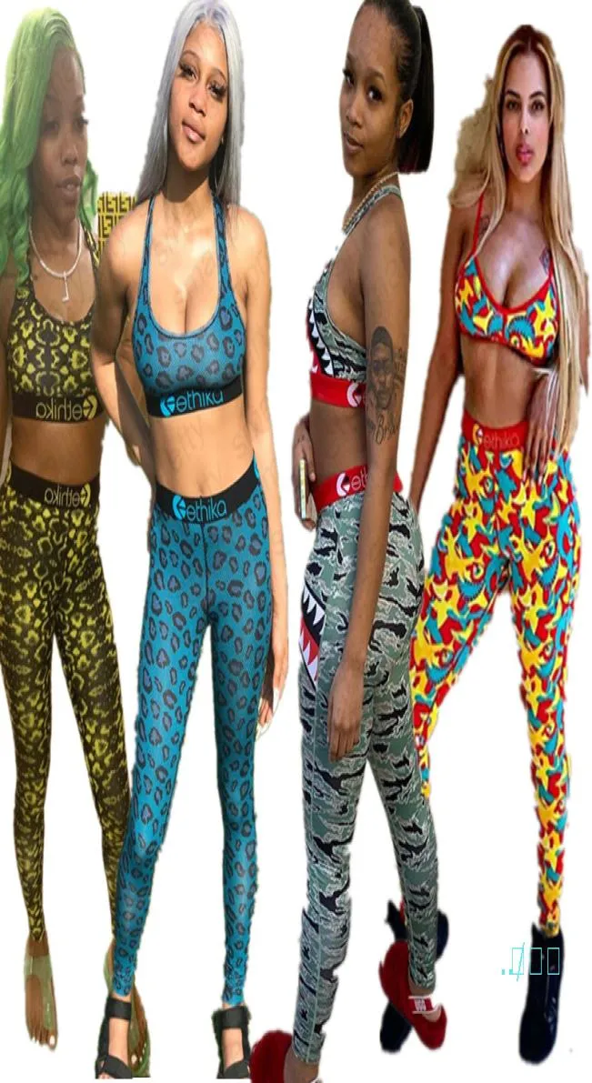 Frauen Badeanzug 2 Stück Set Design Sport Bra Weste Hose Leggings Badebekleidung Camouflage Leopard Haifik