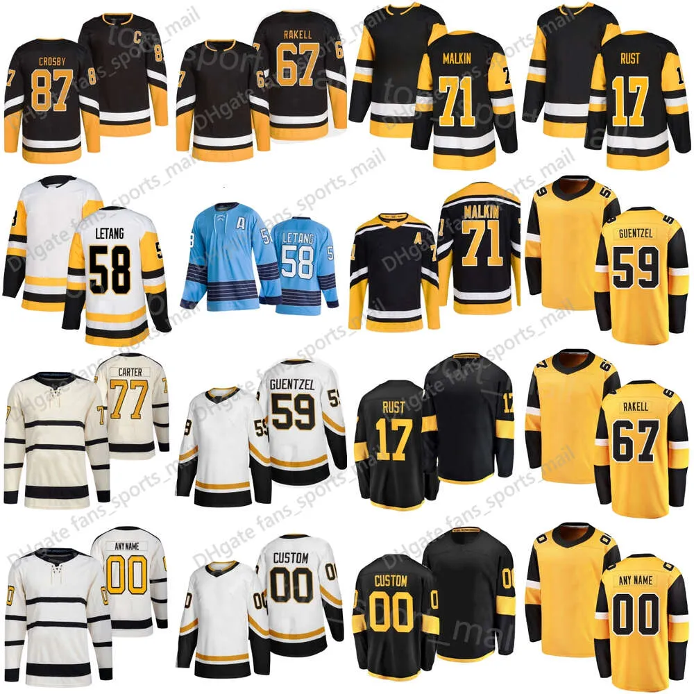 الرجال أطفال للهوكي 87 سيدني كروسبي جيرسي 71 Evgeni Malkin 59 Jake Guentzel 67 Rickard Rakell 17 Bryan Rust 58 Kris Letang 77 Jeff Carter Black Blue Blue Yellow