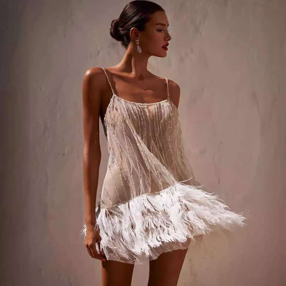 Nowy styl imprezowy sukienka seksowna otwarta krótka spódnica warstwowa frędzana siatka koralika