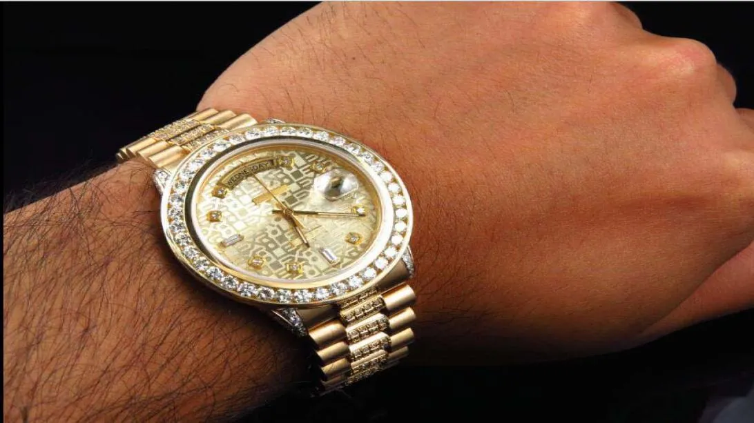 Lüks kol saati satmak 18K Sarı Altın Erkek Başkanlık Gündüzü Elmas Çerçeve İzle 36mm Otomatik Men039s Watch Wrist5127924
