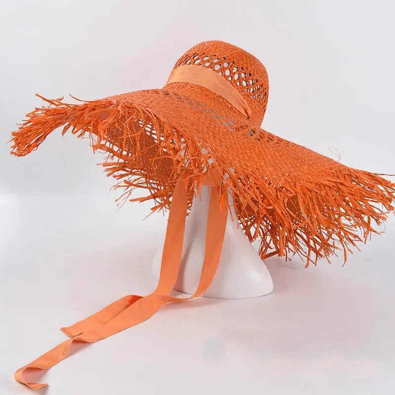 8 컬러 Raffia Big Brim Beach Hat for Women Wide Brim Sun Hat Ladies 중공 통기 가능한 여름 멋진 밀짚 모자 도매 240404