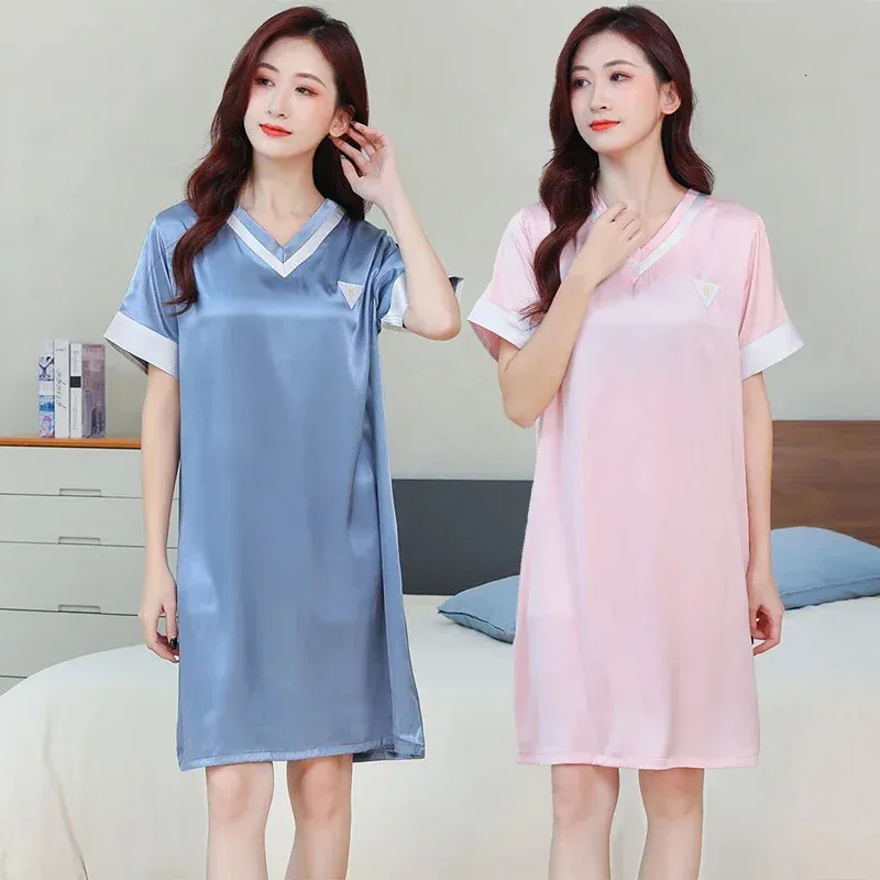 Summer Short Sleeve Sexy Vneck Silk Satin Nightgowns For Women Korean Söt Sleepwear Nightdress Night Dress Home Nighty 240408