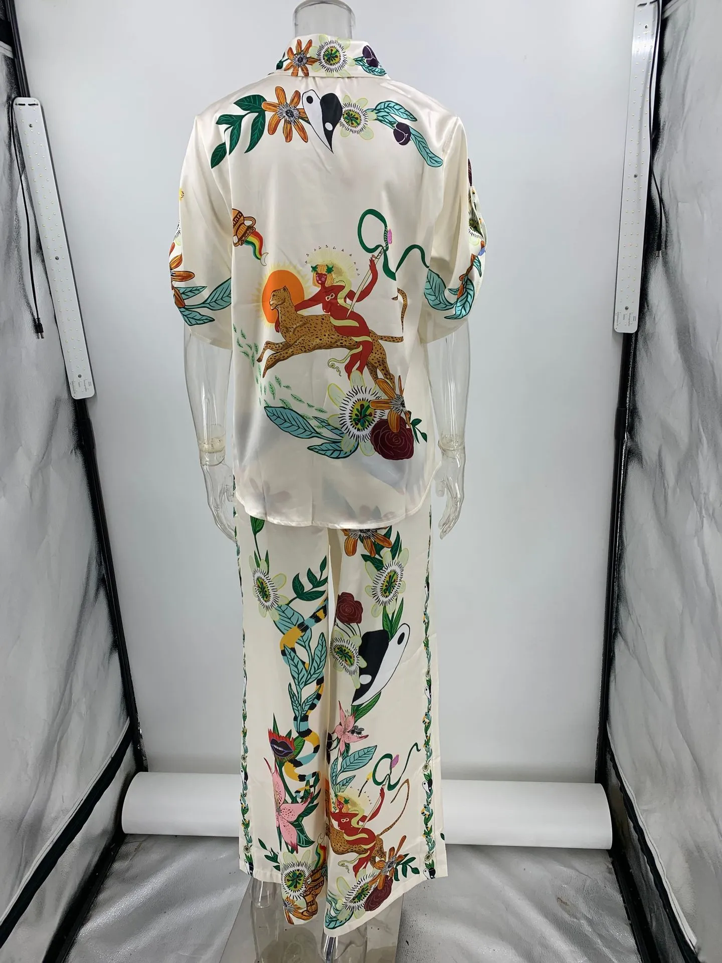 Vintage Patchwork Print Short Sleeve Shirt & Wide Leg Pants Loungewear Set