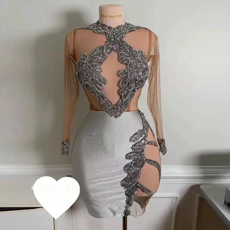Luxury Silver Short Prom Dress with Long Sleeve Beaded Applique Lace Satin  Zipper Back from Dhgate Cocktail Dresses - price 123.26