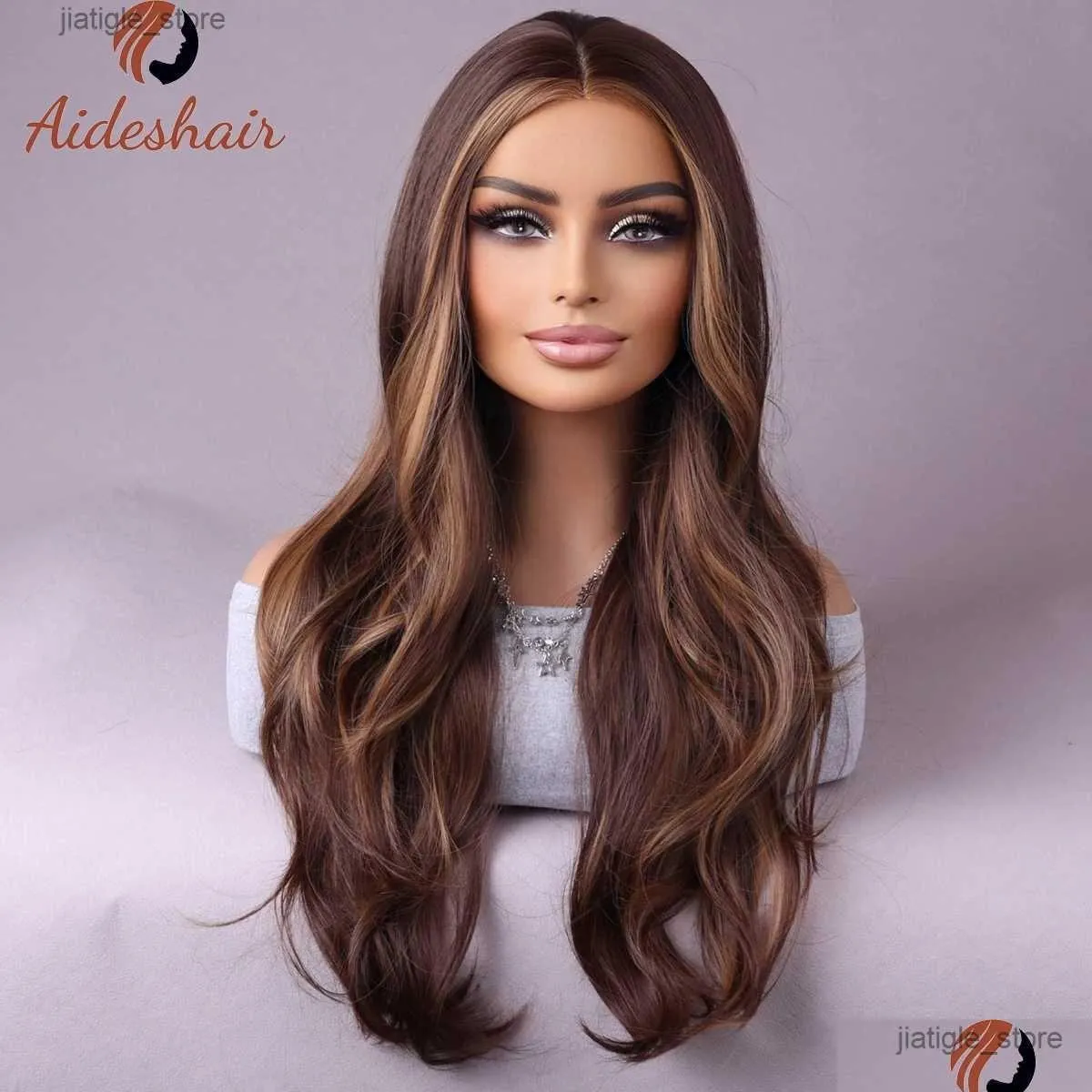 Synthetic Wigs Long Mixed Brown Highlights Wavy Wig For Women Natural Curly Heat Resistant Fiber Everyday Cosplay Drop Delivery Hair P Othka