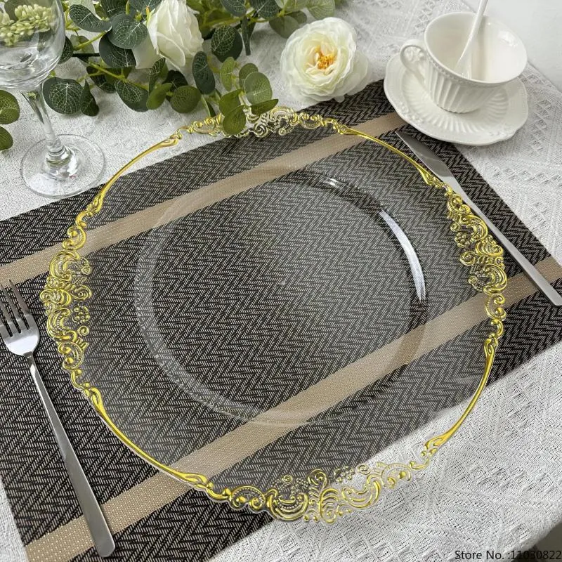 Table Mats Clear Charger Assiette avec perles en or Rim en plastique acrylique Dîner décoratif de service de mariage de mariage de Noël 100pcs