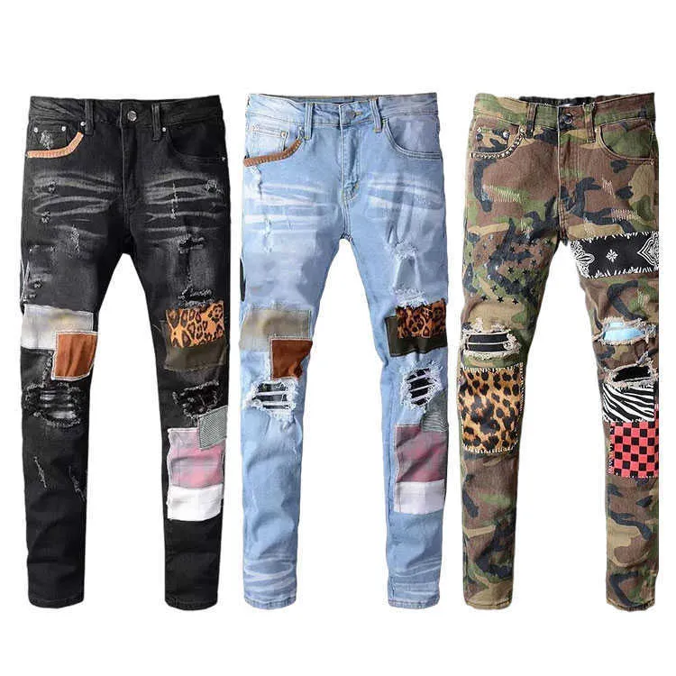 Patchs de taille plus personnalisés de haute qualité pantalon pour hommes en détresse en détresse jeans en jean à imprimé slim en détresse pour hommes