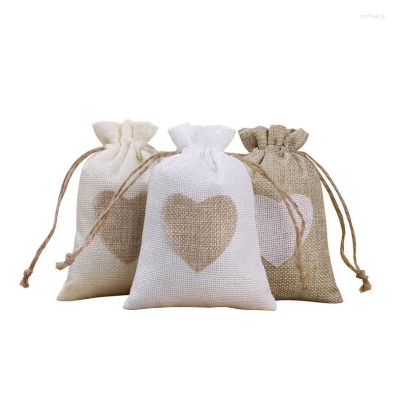 선물 랩 5/10 PCS/Lot Heart Adhesive DrawString Bags 크리스마스 파티 호의 자루 웨딩 황마 버프 파우치 8x10/10x14/13x18cm