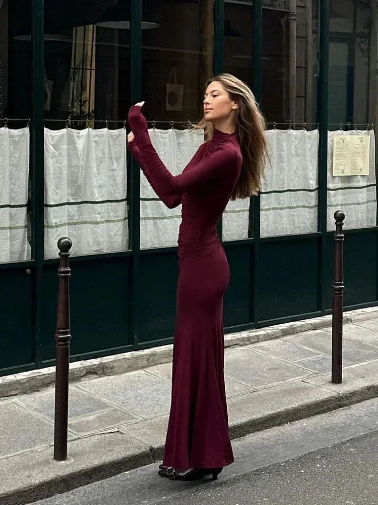 Elegant Burgundy Maxi Dress: Red Long Sleeve Bodycon, High Neck. Shop Now!  from Dhgate Basic & Casual Dresses - price 84.13