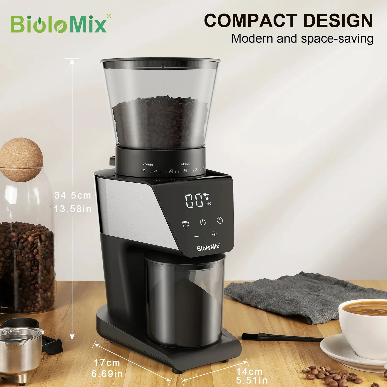 Biolomix Conical Burr Coffee Grinder with Digital Timer Display 31 Precise Settings for Espresso/Drip/French press/Cold Brew 240328
