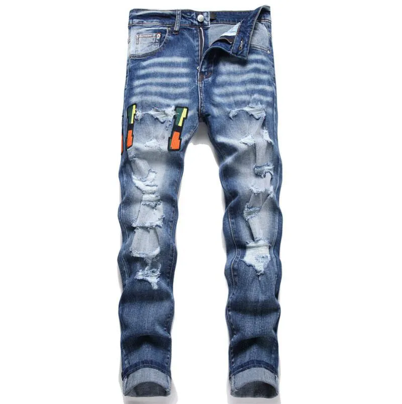 Erkek kot pantolon işlemeli kot pantolon yırtık delik elastik küçük bacak denim pantolon sokak kıyafeti hip hop kot pantolon