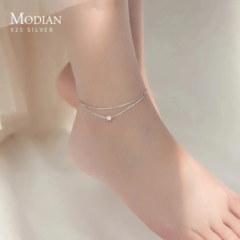 Modian Silver Simple Double Layer Anklets For Women Summer Trendy 925 Sterling Foot Jewelry Fashion Style Leg Armband 240408