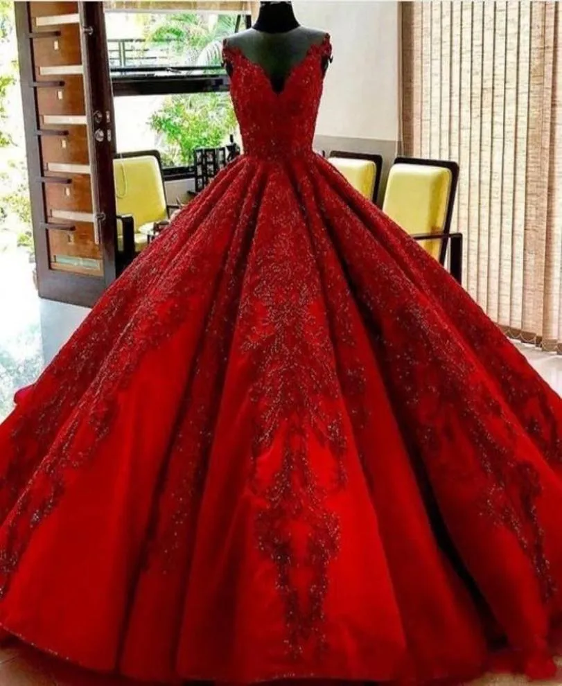 Dark Red Ball Gown Quinceanera Prom Dresses With Lace Applique Sweetheart Chapel Train Lace Up Evening Gowns For Arab1864293
