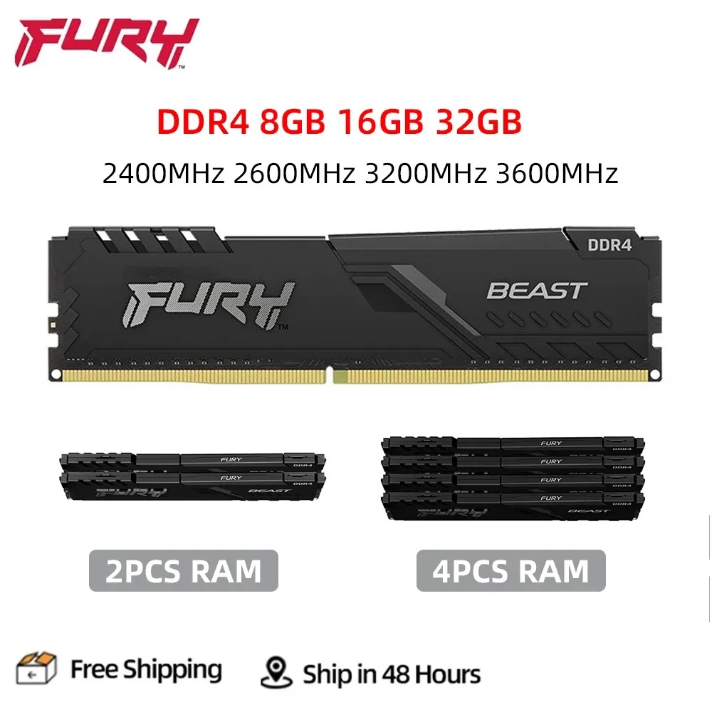 Drukarki Fury Beast DDR4 8GB 16 GB 32 GB 3200 2400 2666 3600 MHz Pamięć pulpitu 288Pin 1,2 V Dimm PC419200 21300 25600 28800 DDR4 RAM