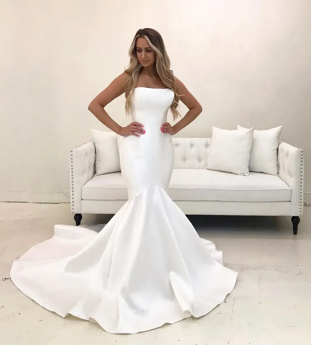 Vestidos vestidos de noiva de sereia branca sem alça de tamanho longo cetim para mulheres simples de verão praia de praia vestidos de noiva