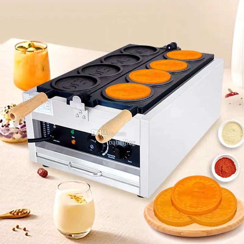 Commercial 4 Hole Gold Coin Machine Round Corean Gold Waffle Maker Coin Machuits Biscuits Waffle Pie Machine