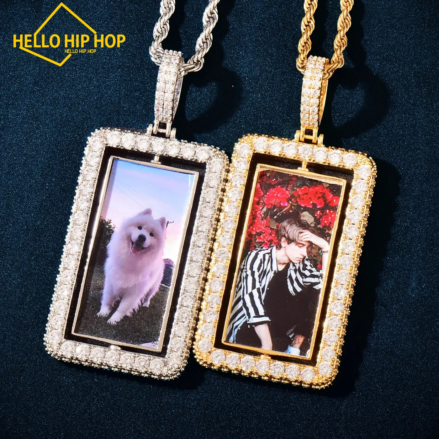 Custom Dogtag Memory Picture Spinner Pendant Gold Color One Row Zircon Square Frame Necklace Chain Men Women Hip Hop Jewelry