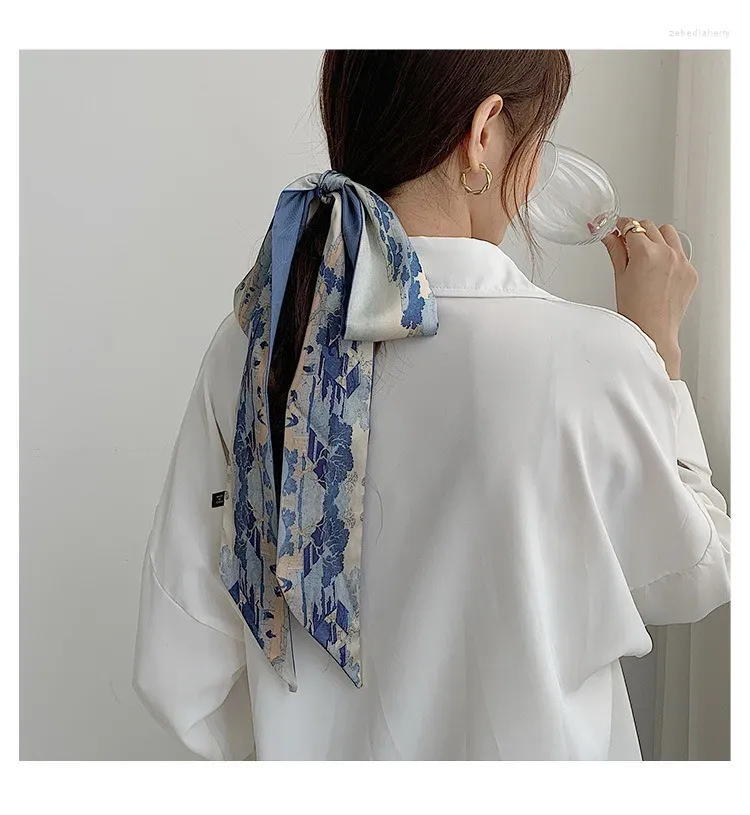 Scarves French Silk Scarf Butterfly Tie Hair Strap Retro Chinese Style Oil Painting Headband Spring 2024 Long