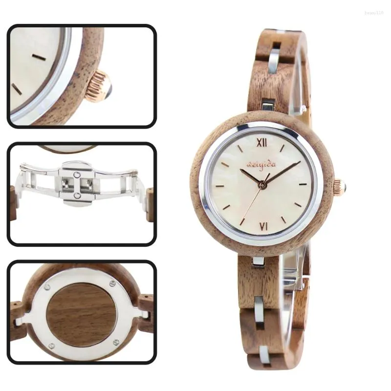 Zegarek zegarek zegarek na rękę Walnut Wood Watch Women Quartz Mały drewniany zegar na nadgarstek Prosty tarcza Madera