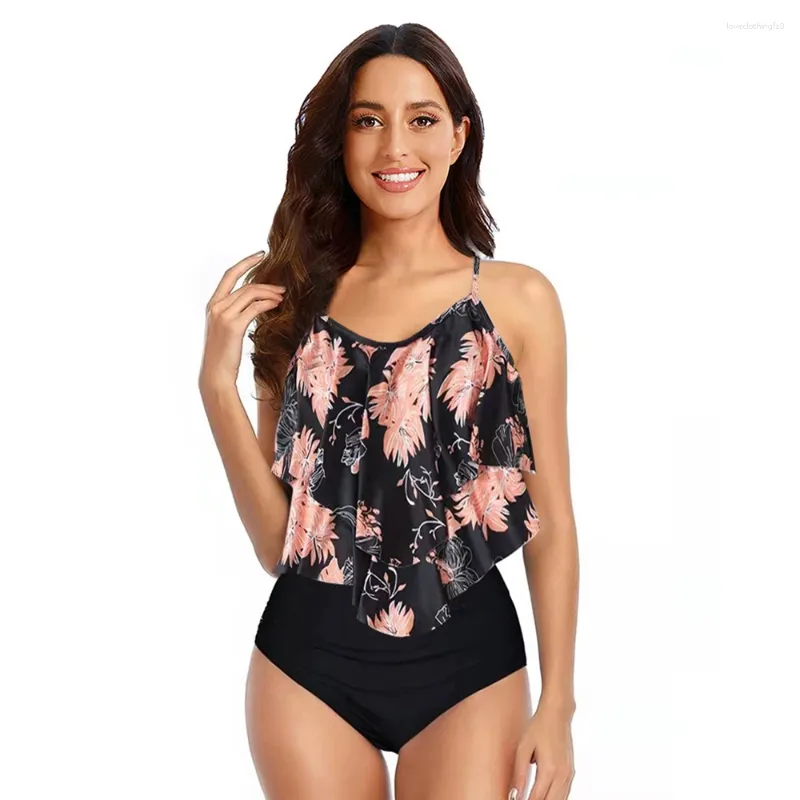 Swimwear féminin 8 couleurs Femmes Tankini à volants Ensemble tablier rembourré avec bretelles réglables en tricot élastique tricot à taille haute de plage