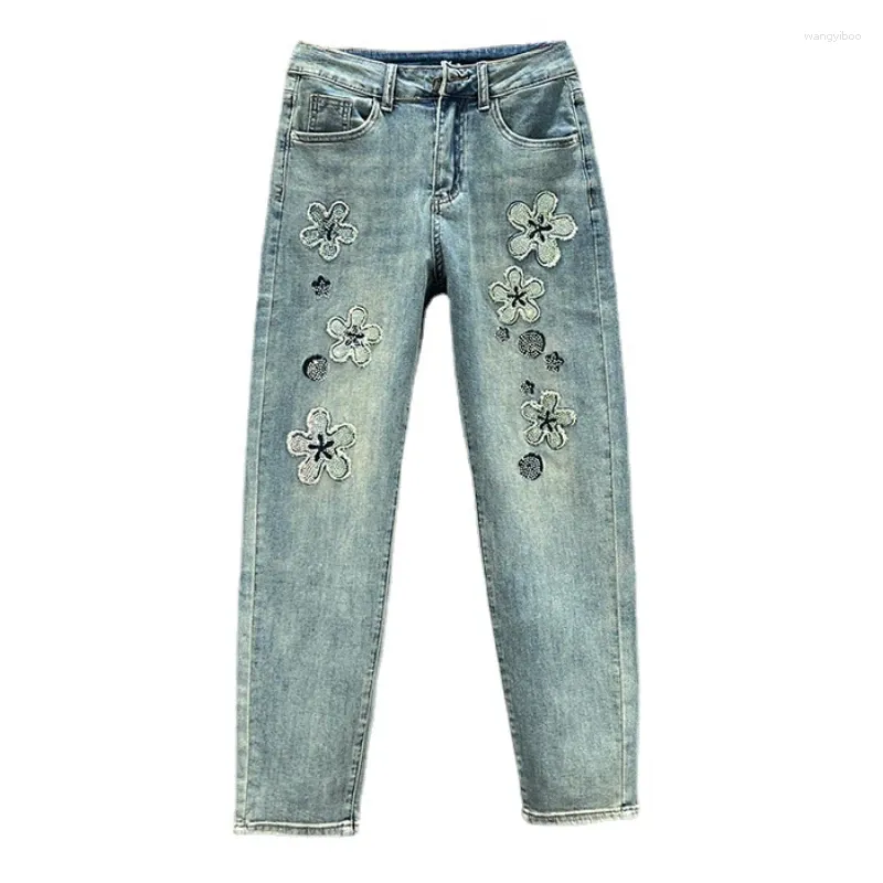 Jeans femminile harem in denim pantaloni ritagliati per donne 2024 primavera estate alta in forma slim finger rhinestone fiore