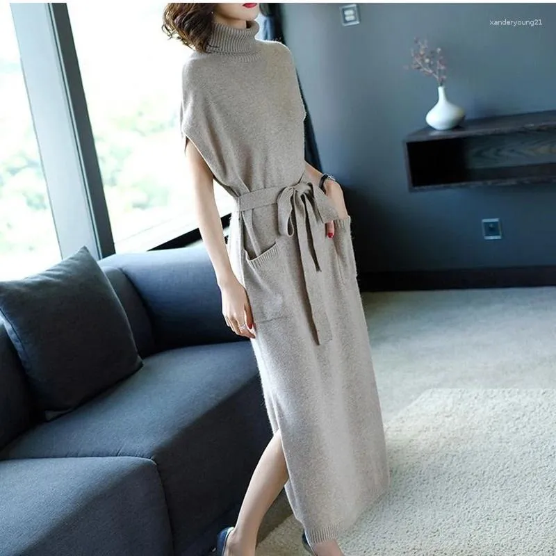 Party Dresses 2024 Women's High Neck Belt Waist Pocket Autumn Winter Short Sleeve Split Knitted Loose Casual Sweater