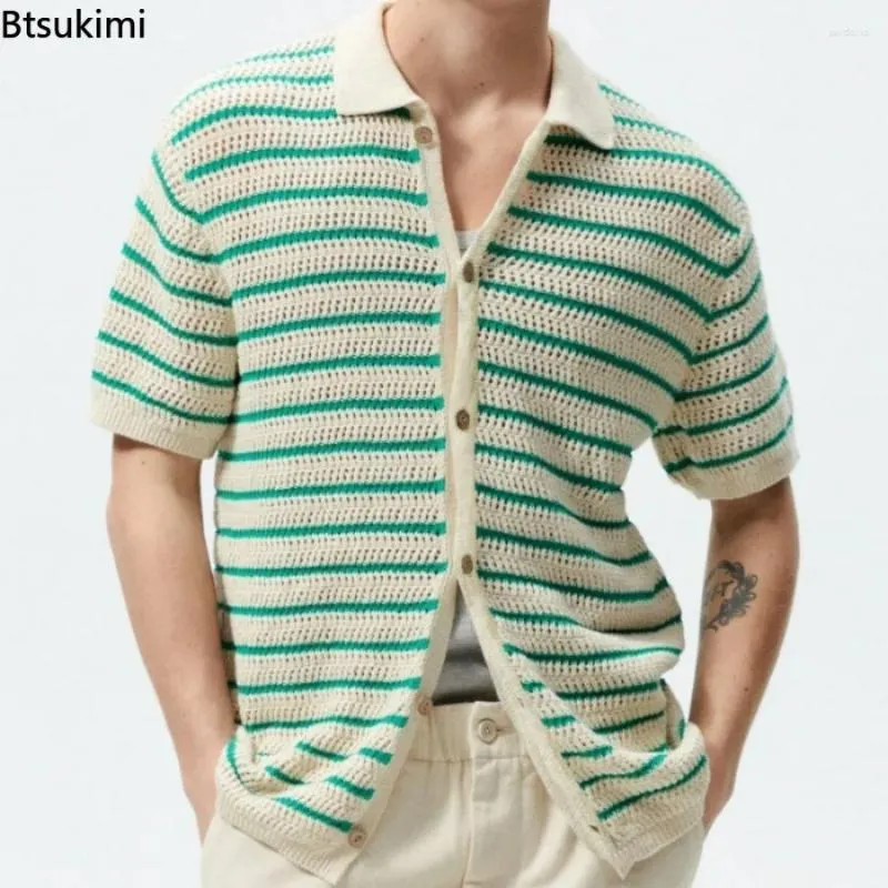 Maglioni maschile 2024 camicie maglione estiva a maglia a maglia a girare a maniche corte girare a maglia camicia da maglia da maglieria cardigan a strisce