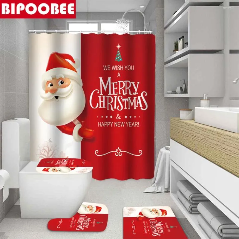 Shower Curtains Santa Claus Christmas Waterproof Polyester Bathroom Happy Year Print Bath Mats Toilet Lid Cover