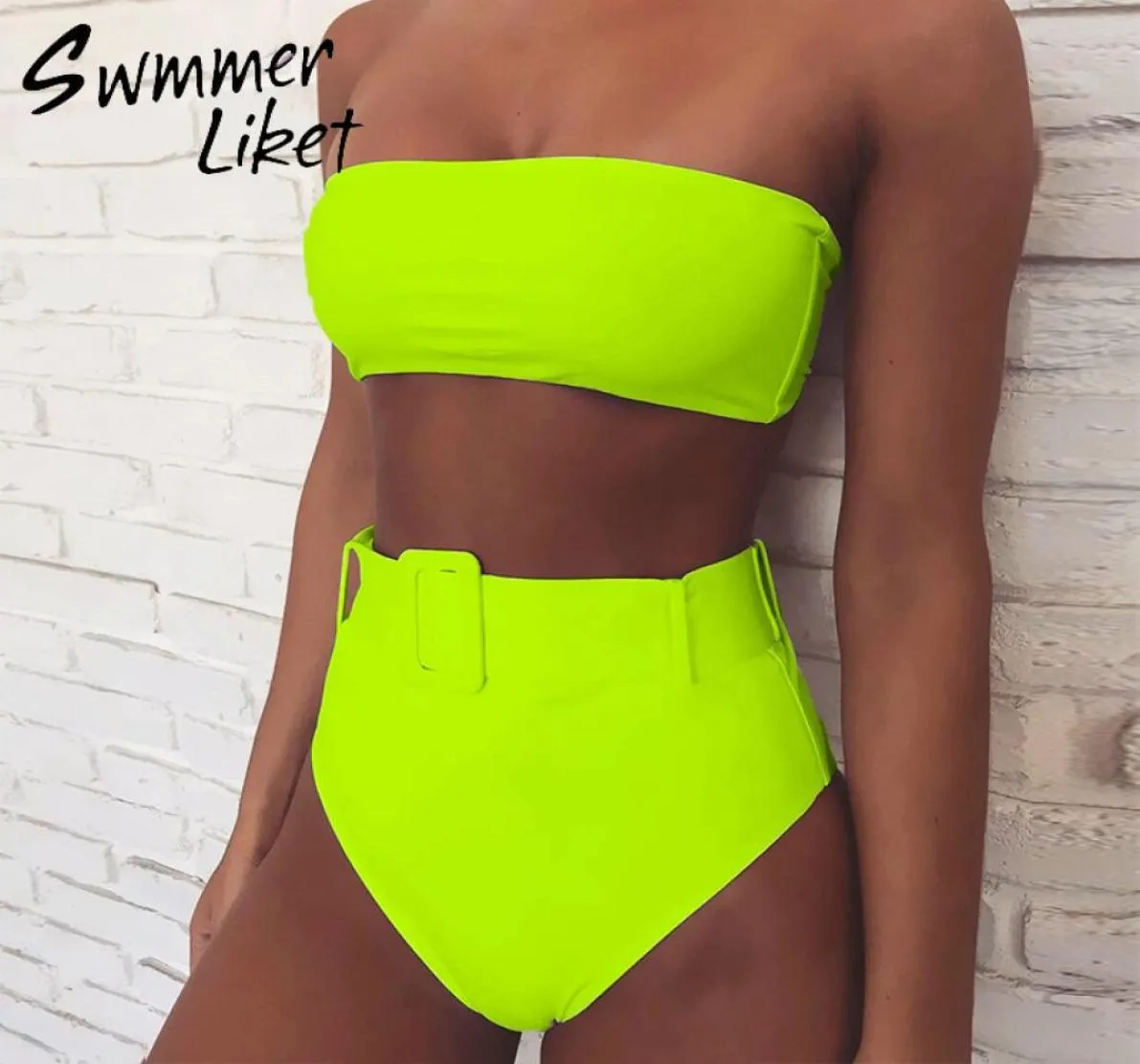 Hoge taille Braziliaanse neon Bikini 2020 Belt Swimwear Women Bandeau Swimsuit Vrouw Push Up Bathing Suit Summer Bathers Biquini5112949