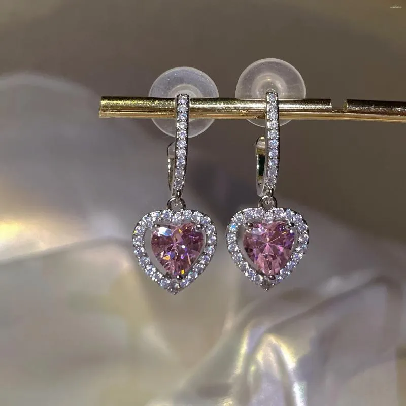 Stud Earrings Classic Pink Love Zircon For Women Lady Gentle Trendy Full Rhinestone Heart Wedding Party Jewelry Gifts