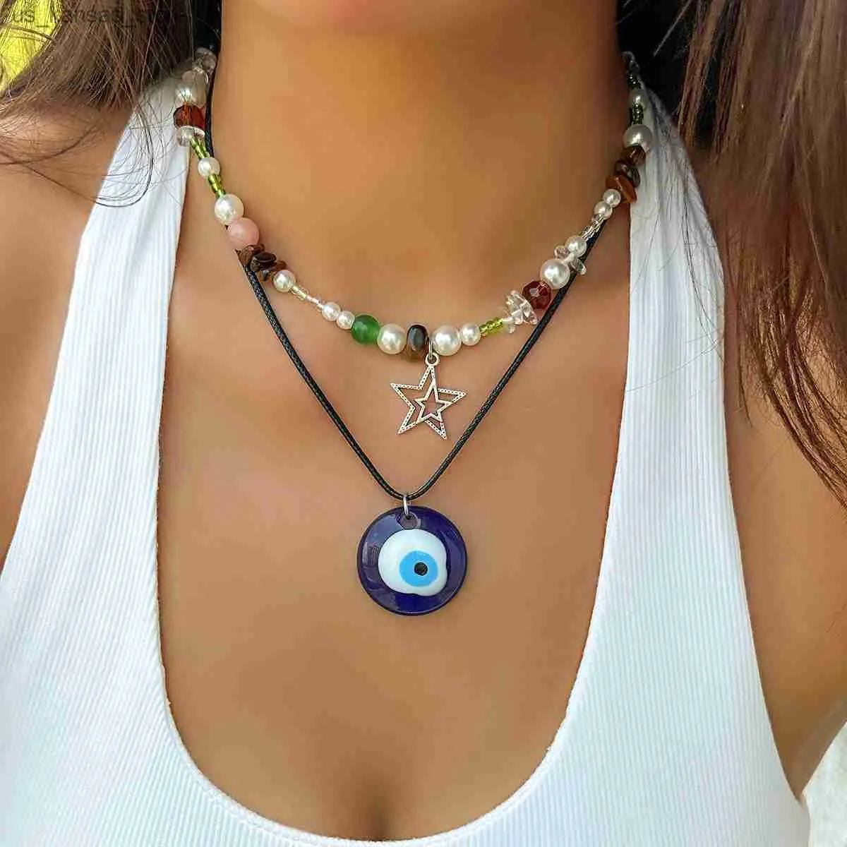 Pendant Necklaces Lacteo Vintage Natural Stone Star Ring Charm Necklace Blue Eye Shape Beads Pendant Choker for Women Party Boho Jewelry Gift240408