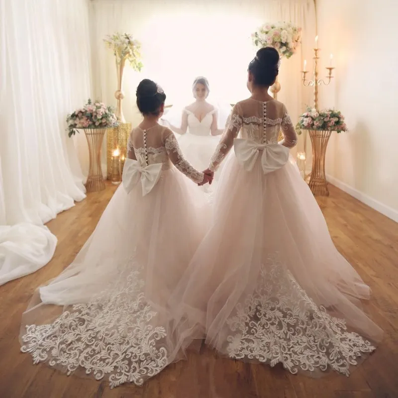 Babyonline langhärme weiße öfel bloßmädchenkleider für Hochzeits Gast Kinder Brautjungfer Spitze Floral Tüll Rockkugel Kleid