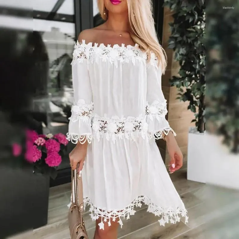 Casual Dresses Chic Solid Color Pleated Star Breattable Three Quarter Sleeves Midi Dress Kne Length Women Summer Clothes