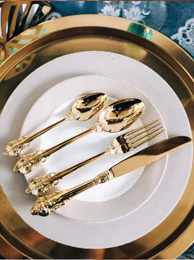 Golden Plated Cutlery Set Stainless Steel Knife Forks Teaspoon Gold Dinnerware Wedding Christmas Tableware