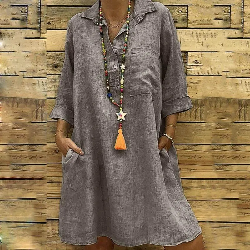 Robes décontractées Collier de robe 3/4 Boho Boho's Butt-Down Button Pocket Solide Pocket for Work Office Women