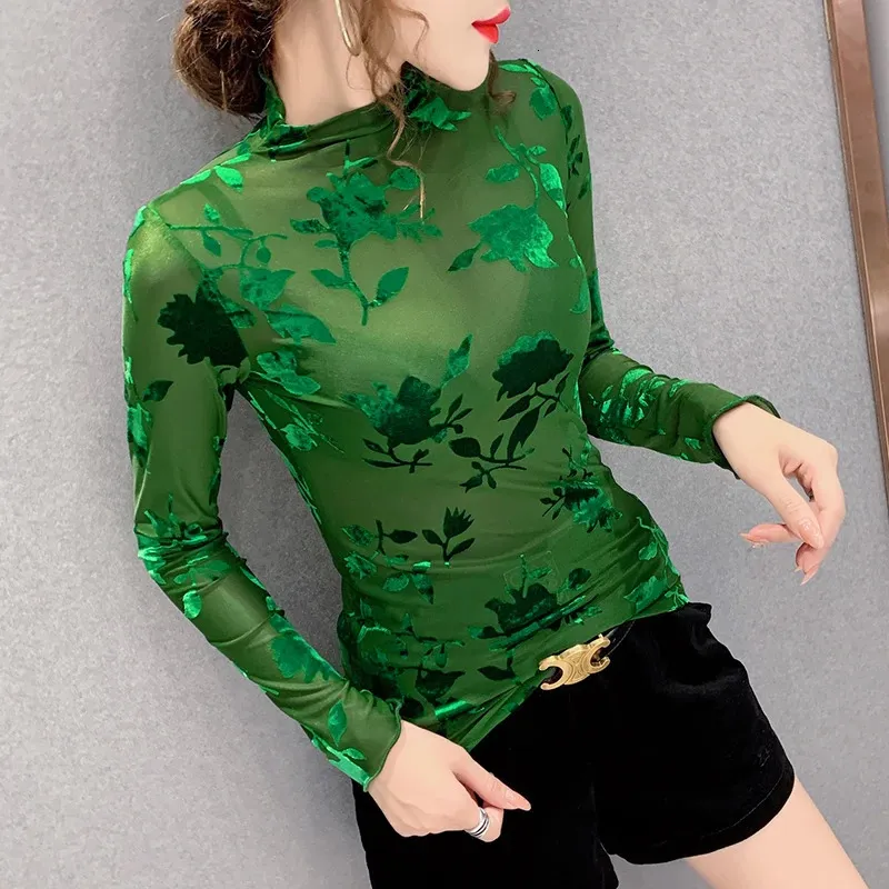 #4222 Verde nero See attraverso la maglietta Floral sexy maglietta a mesh sexy femminile Turtleneck Casual maglietta Fema