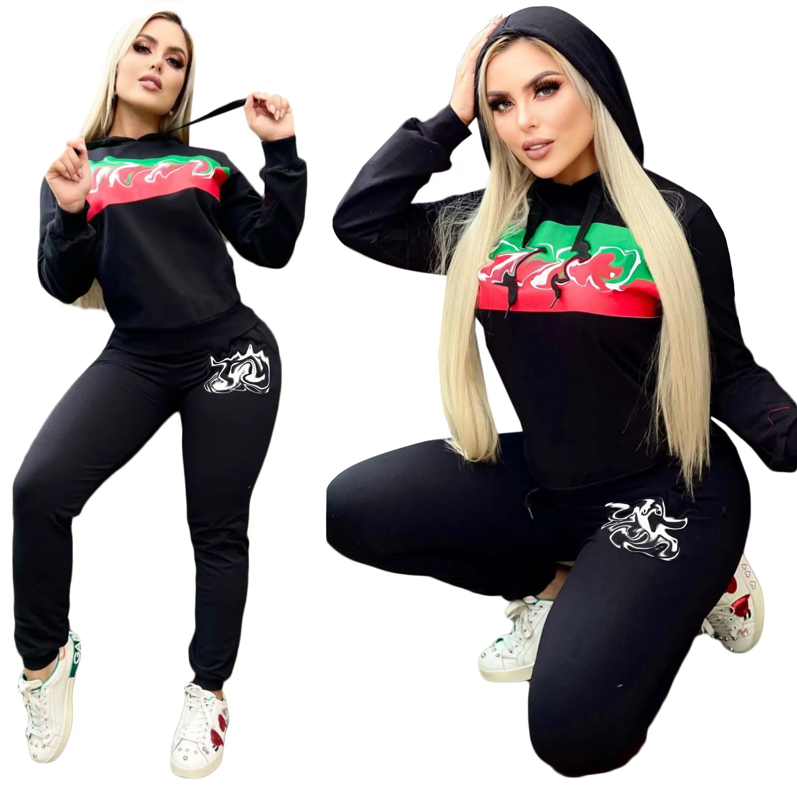 Nieuw dames sweatsuit zwart luxe merk 2 -delige set casual sportpak designer tracksuit gratis schip