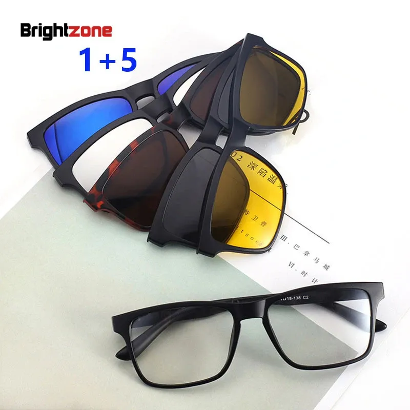 Brightzone Fashion Unisex TR90 Optischer Rahmen 5 Sonnenlinsen Clip-Ons Polarisierte Sonnenbrille Nachtsicht Magnetische RX-Spektakelrahmen 240401